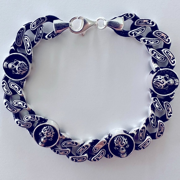 925 Silver skull 10mm bracelet link chain 8 inches - Picture 2 of 4